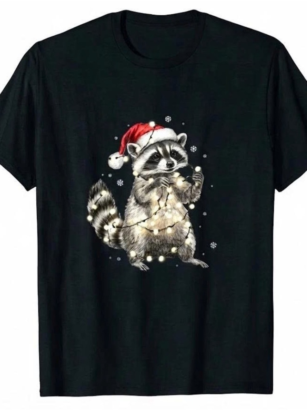 Black Tee with Festive Raccoon and Lights